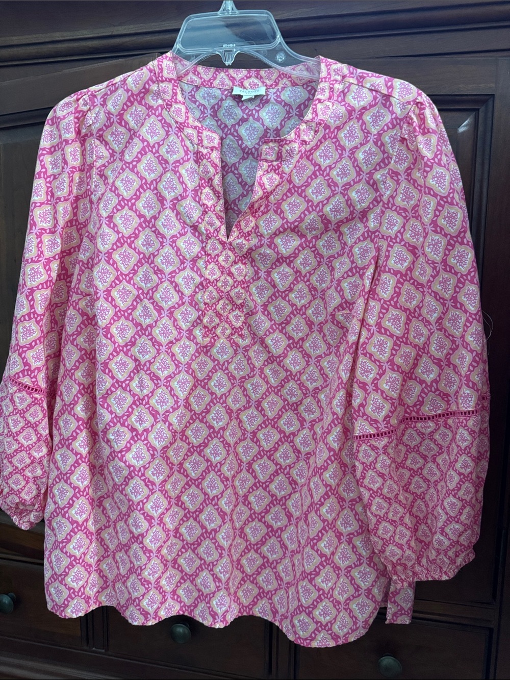 Talbots Pink White Printed Split-Neck Tunic